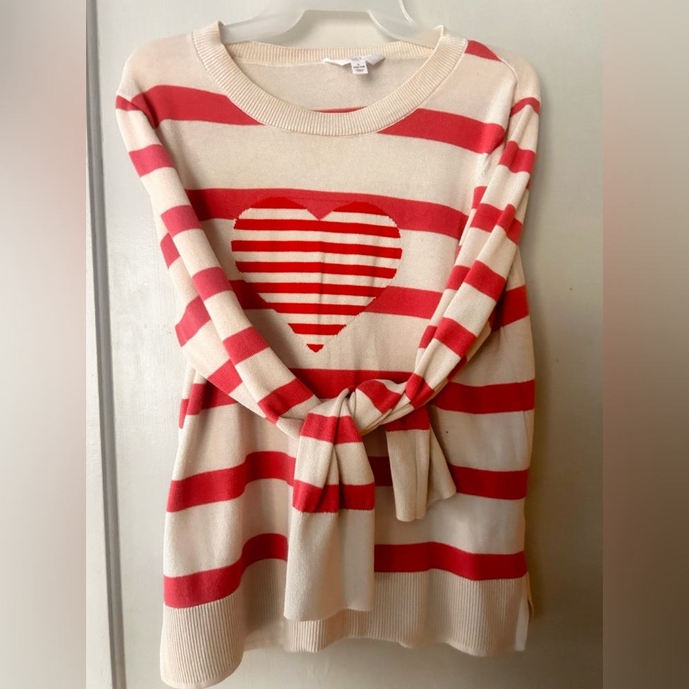 Time and Tru Pink & White Stripe Sweater Red Stripe Heart Graphic Size L (12–14)